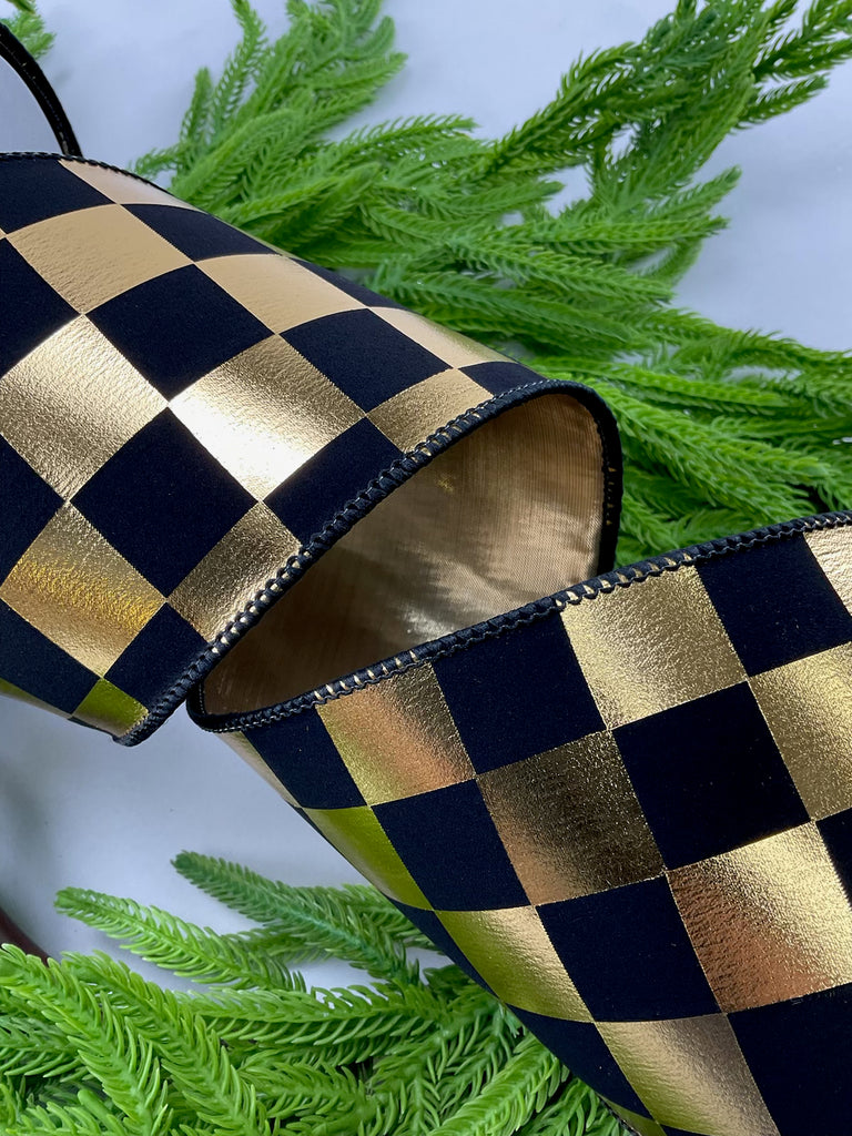 Gold and Black Check Wired Ribbon 4” - Greenery Market