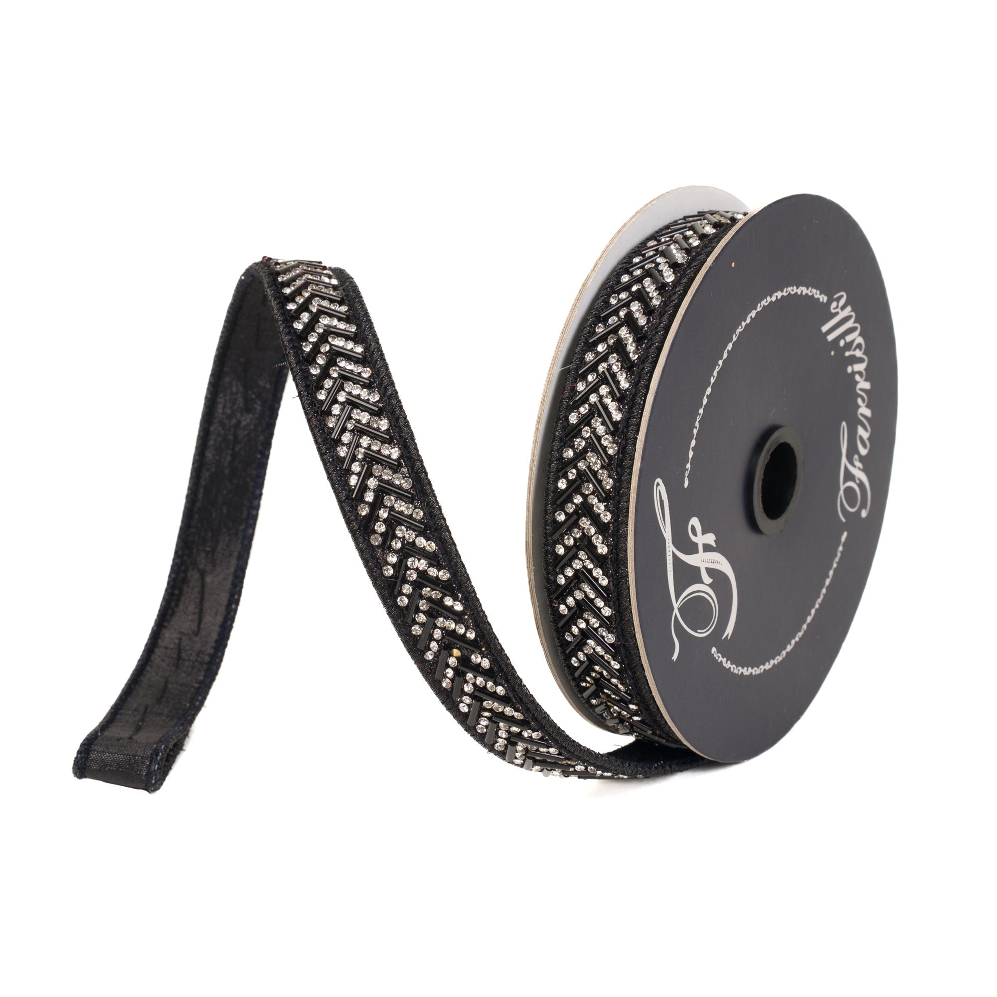 Black Chevron Crystal Trim Farrisilk Wired Ribbon - .75