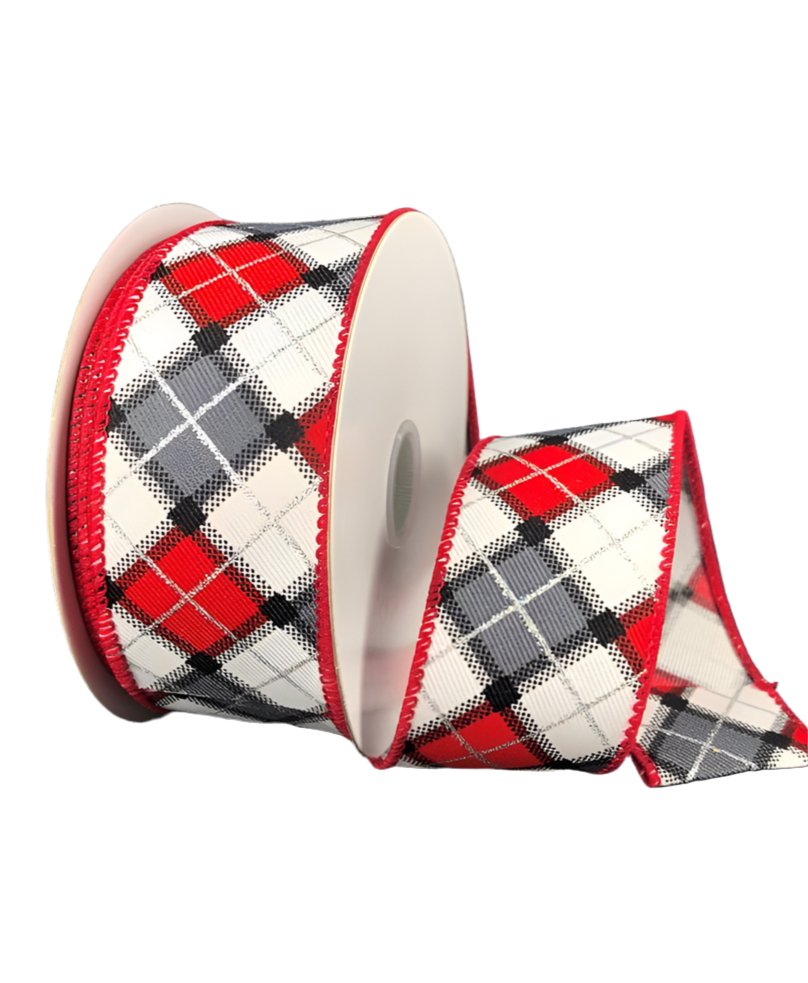 Black, white, and red, plaid wired ribbon , 1.5
