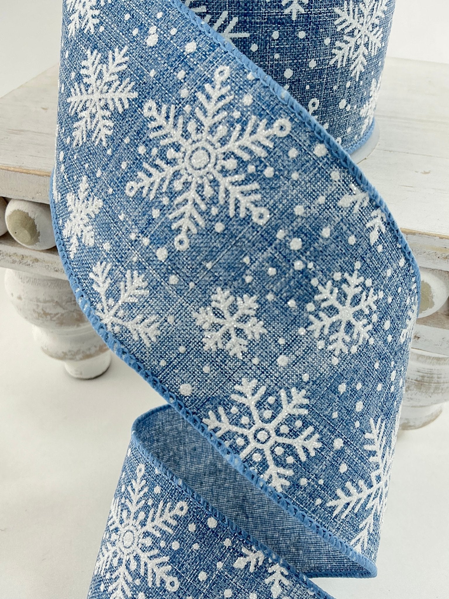 Blue and white shimmering snowflakes wired ribbon , 2.5" - Greenery Market