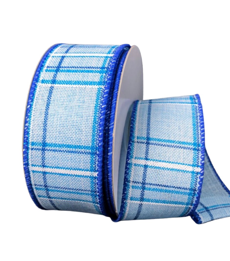 Blue and white summer plaid 1.5” - Greenery MarketWired ribbon41239-09-04