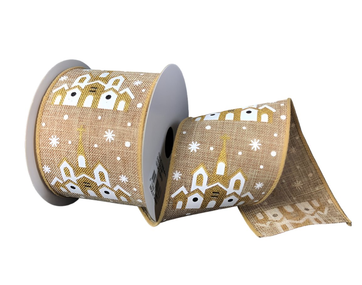 Church wired ribbon with gold accents - Greenery MarketWired ribbon72039-40-15