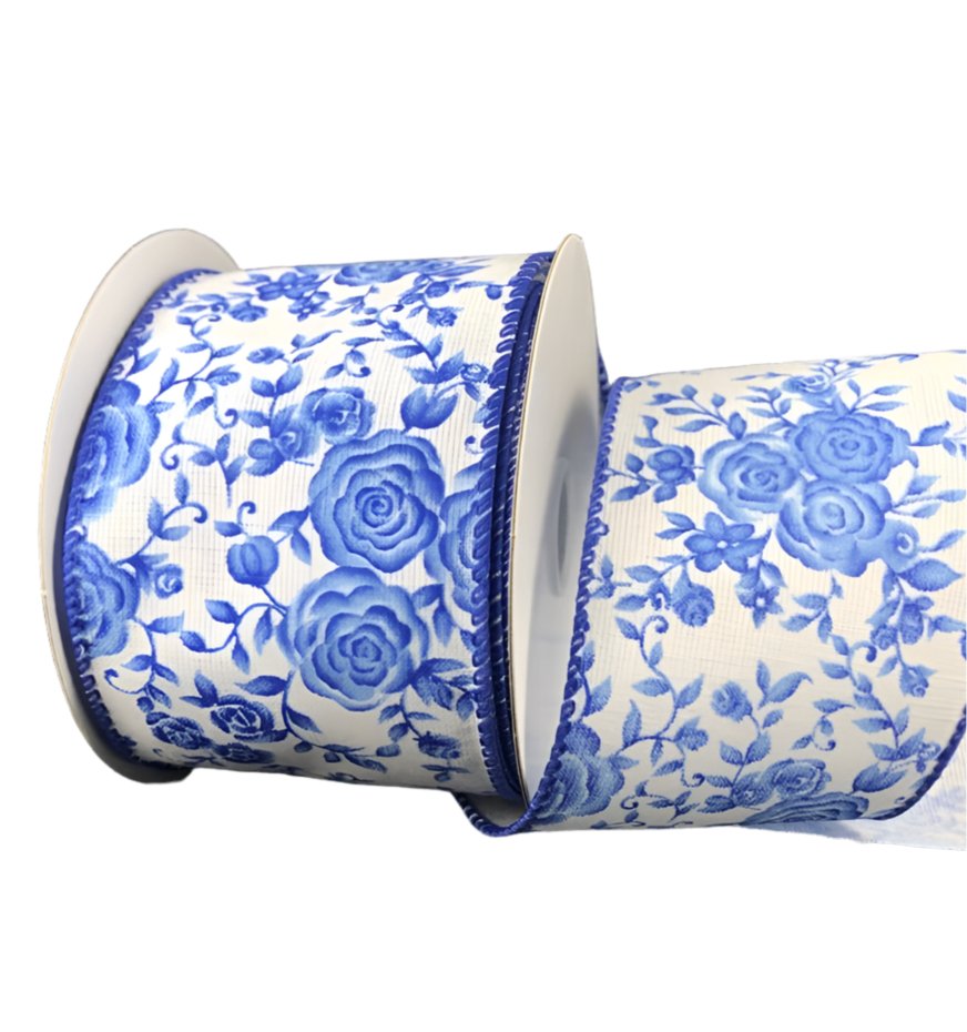 Cobalt blue roses wired ribbon, 2.5” - Greenery Marketwired ribbon41218-40-25