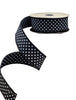 D Stevens Black and white Faux linen small dots wired ribbon - Greenery Market09-3193