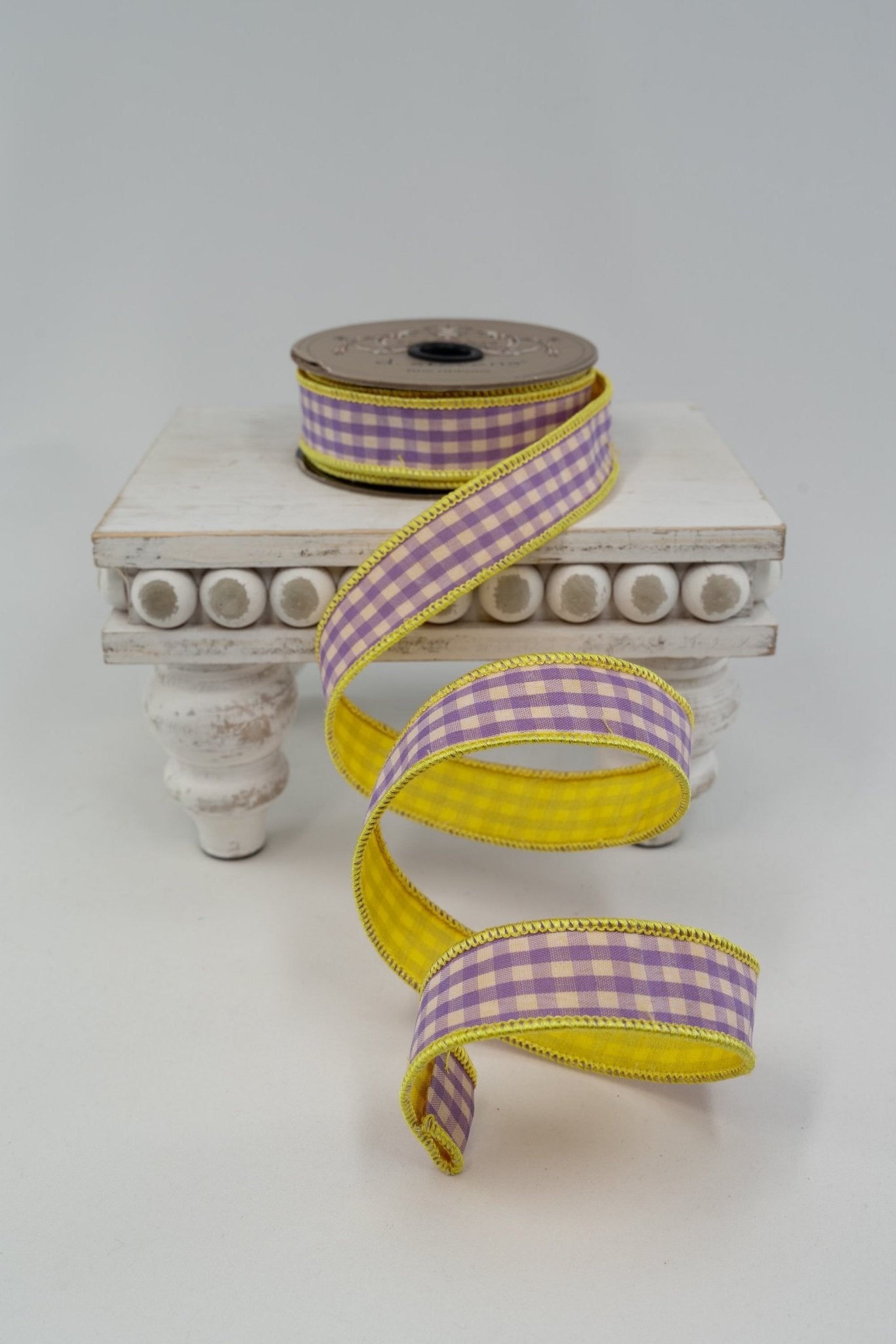 d. stevens Lavender & White Gingham Check Yellow Back Wired Ribbon