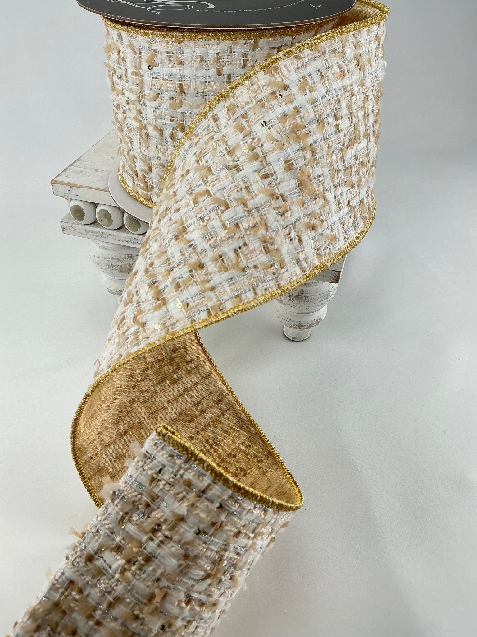 Farrisilk ivory, cozy chalet, tweed wired ribbon 4” - Greenery Market