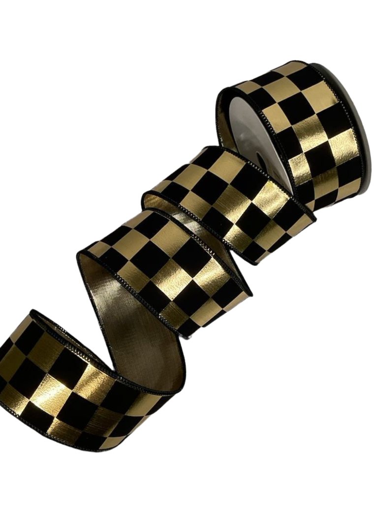 Gold and black check wired ribbon 2.5” - Greenery MarketXR504/25