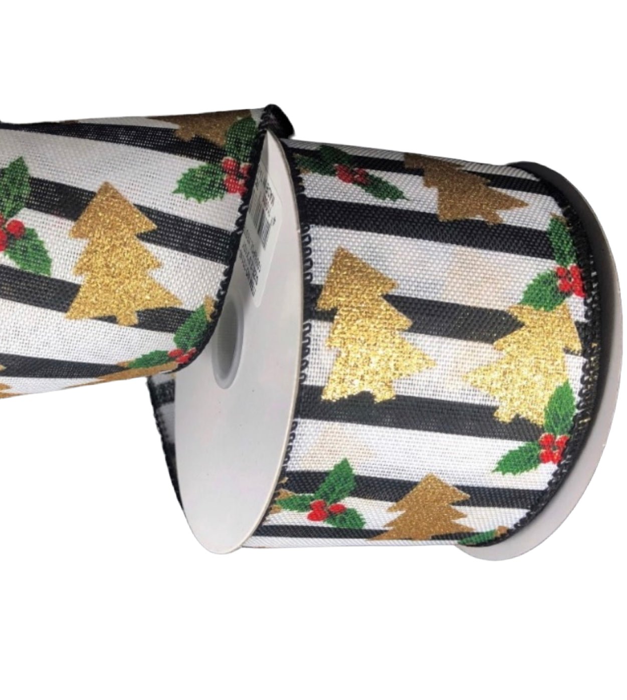 Gold Tree and holly with black and white Wired ribbon 2.5” - Greenery MarketWired ribbon72145-40-21