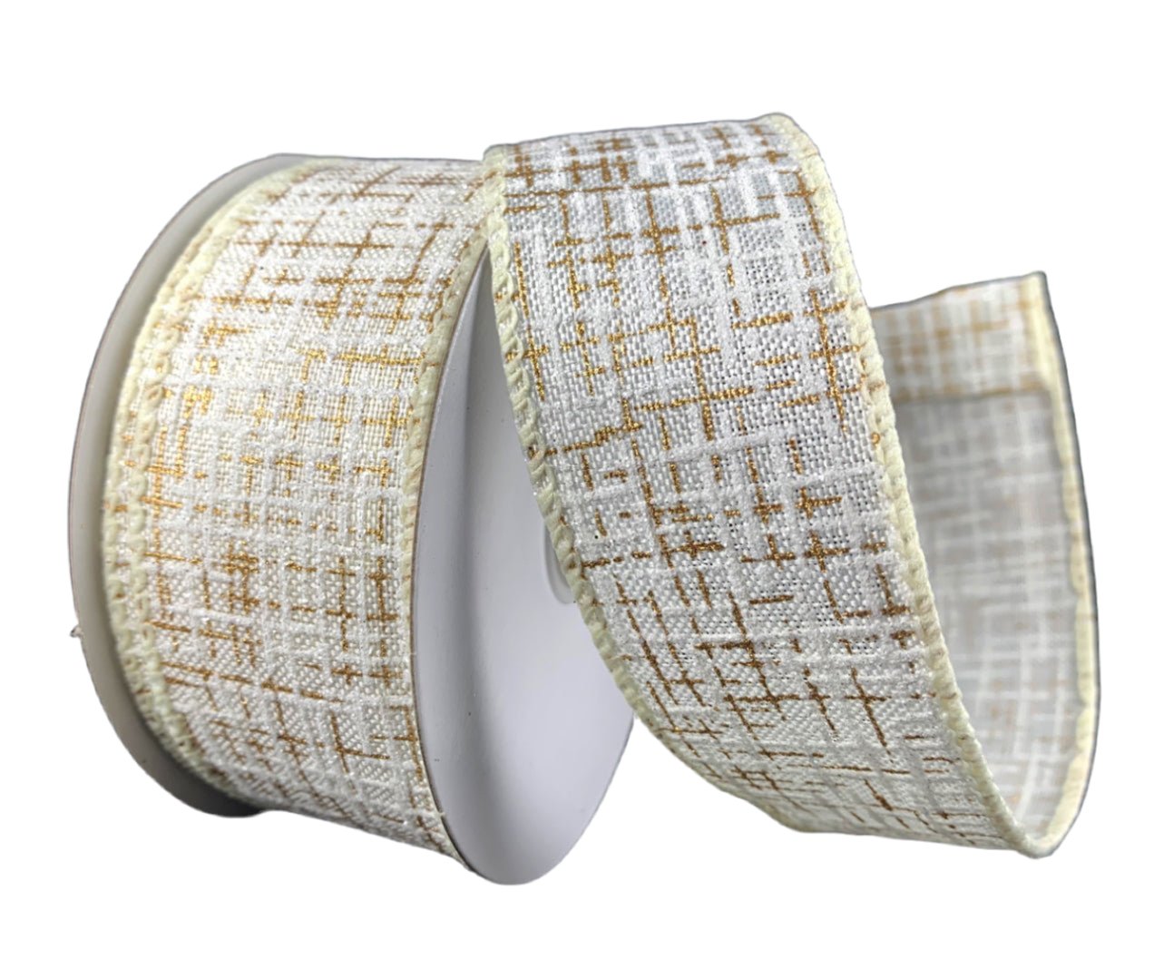 Ivory and gold printed tweed wired ribbon, 1.5
