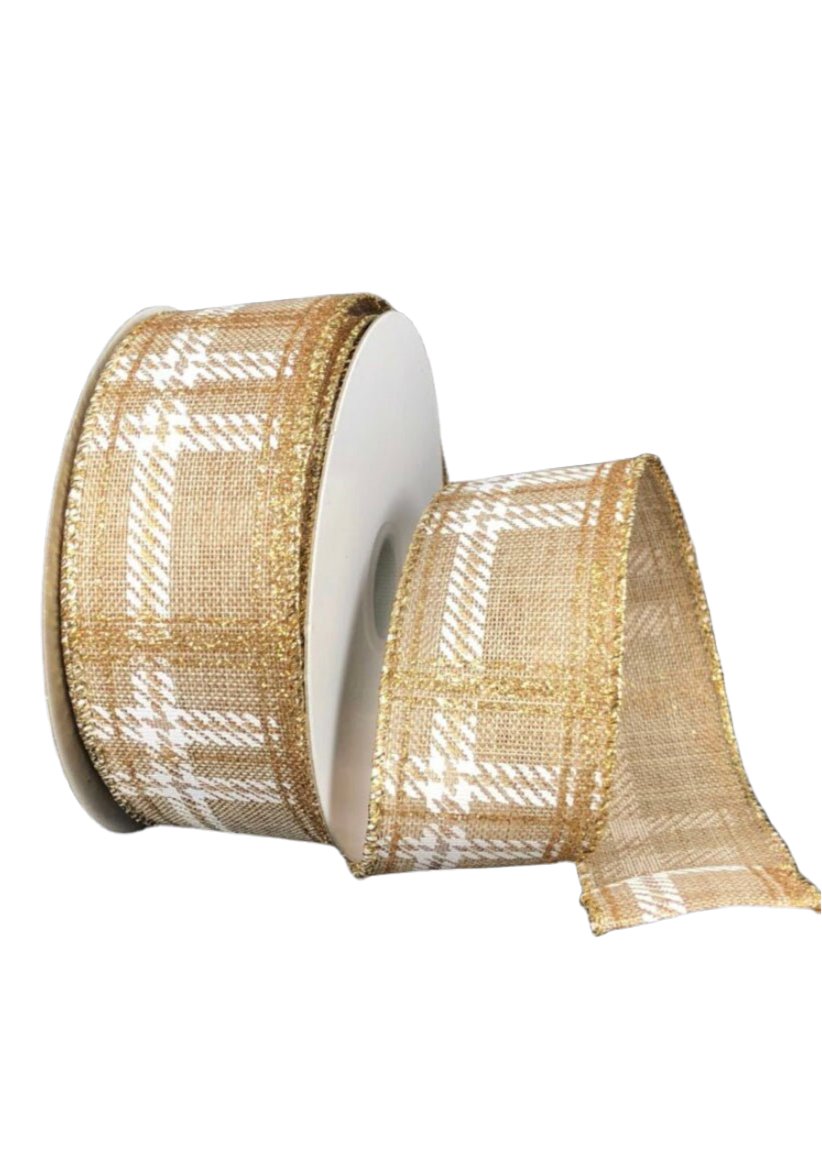 Linen natural, gold, and white plaid wired ribbon 1.5