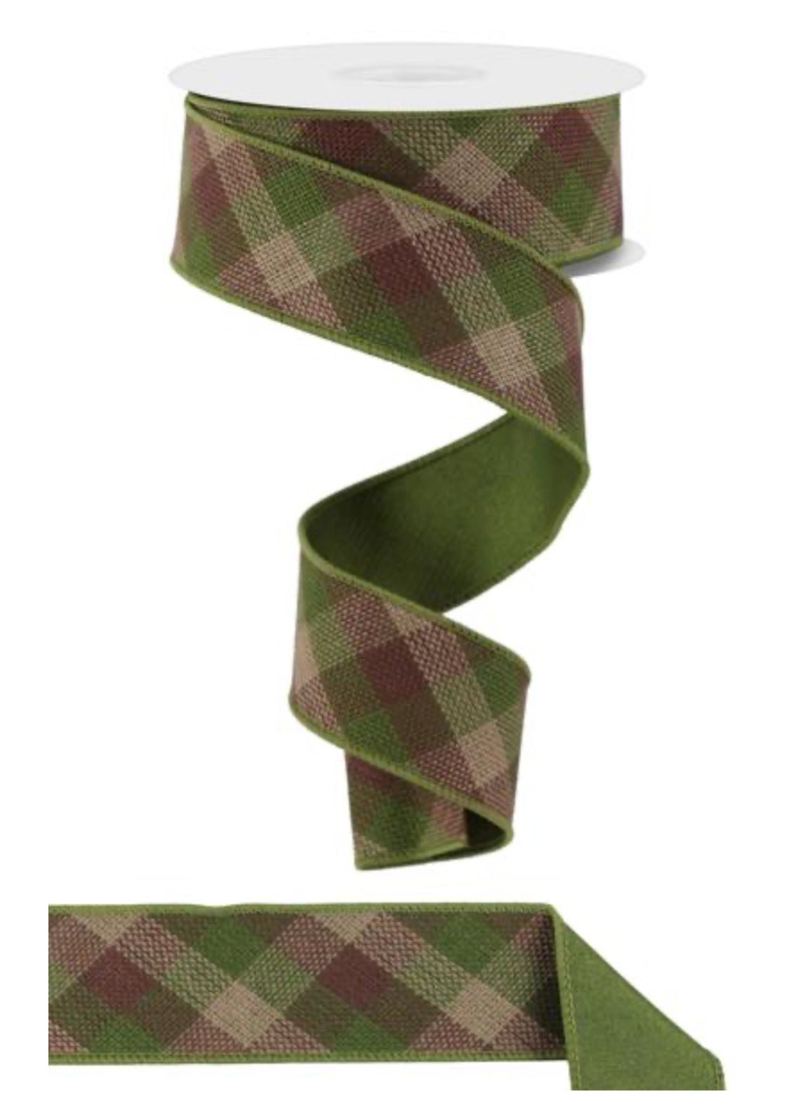 Moss and brown plaid with fused backing 1.5” - Greenery MarketWired ribbonRGX0112AW
