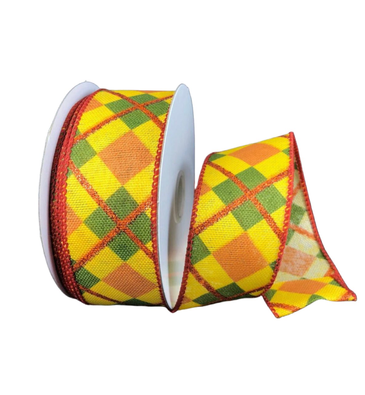 Mustard and moss green fall plaid wired ribbon, 1.5