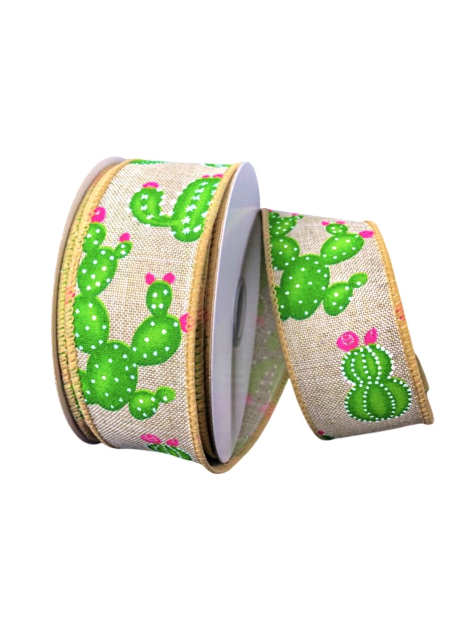 Natural, green, and Fuchsia pink cactus 1.5” wired ribbon - Greenery Market41250-09-14