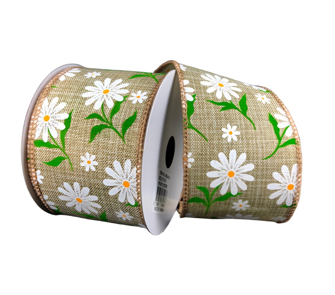 Natural wired ribbon with daisies, 2.5