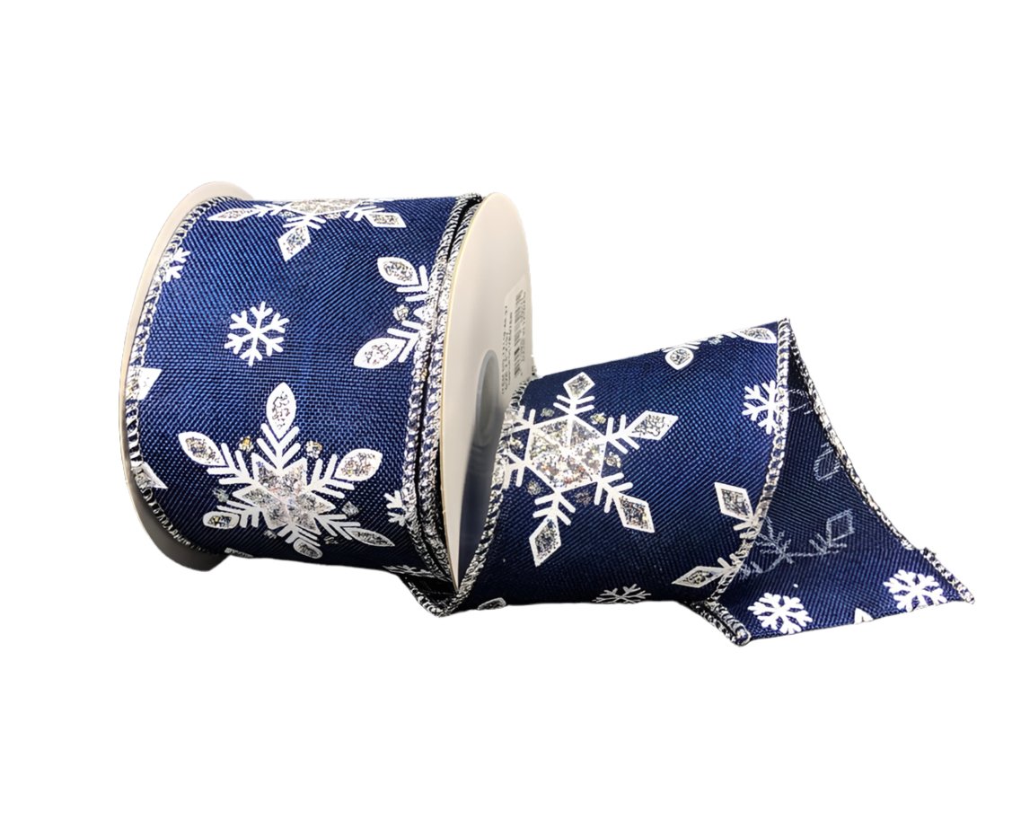 Navy Blue wired ribbon with snowflakes 2.5” - Greenery MarketWired ribbon72119-40-27
