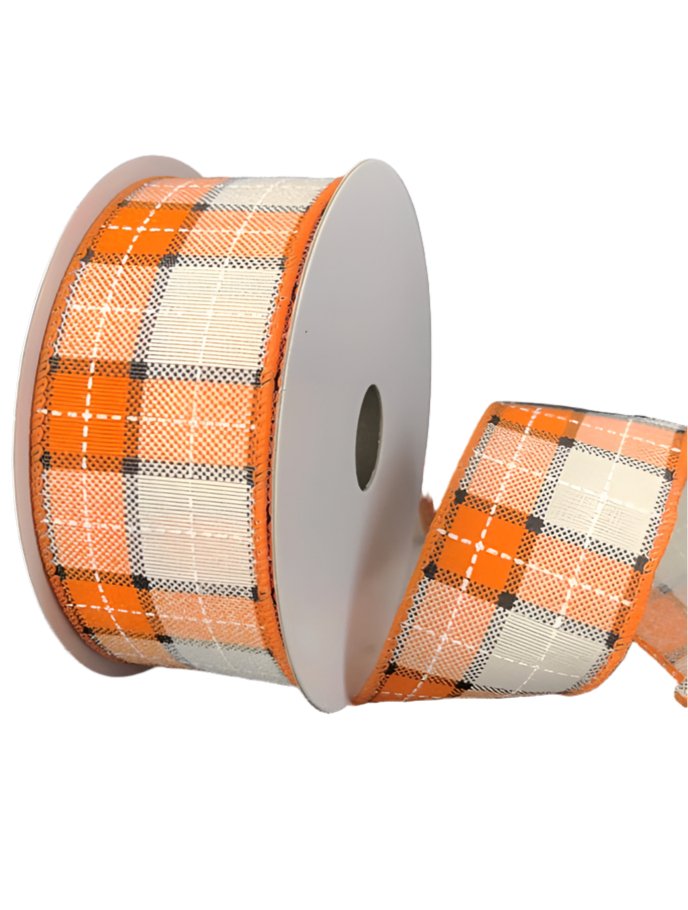Orange and ivory plaid wired ribbon 1.5” - Greenery MarketWired ribbon51013-09-18