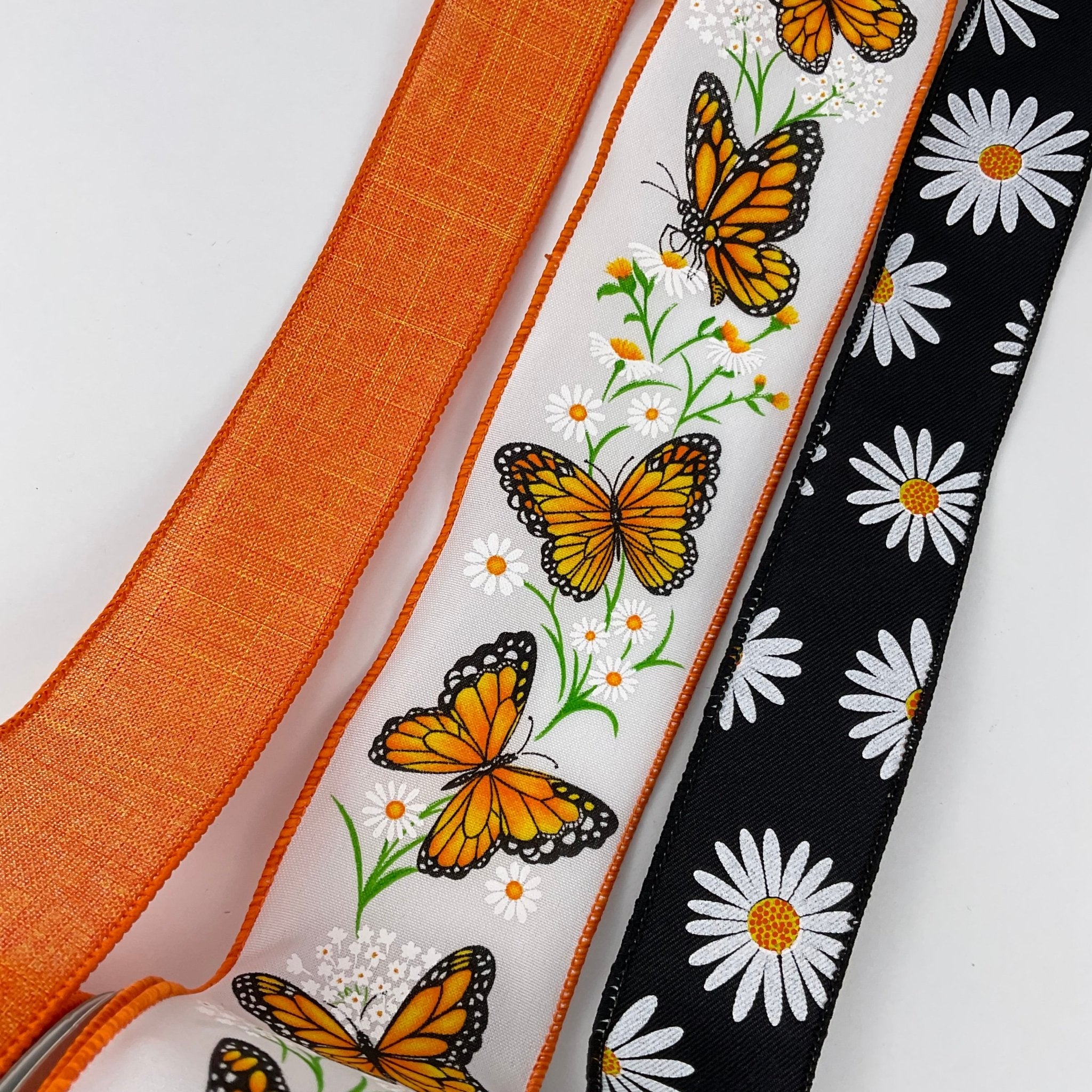 orange daisies and butterflies x 3 ribbon bow bundle - Greenery Market