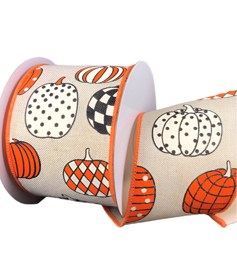 Patterned Pumpkins on ivory 2.5” wired ribbon - Greenery MarketWired ribbon68204-40-18