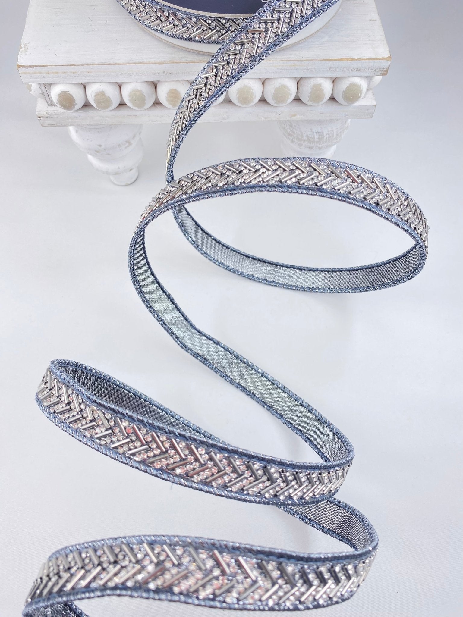 Pewter Chevron Crystal Trim Farrisilk Wired Ribbon - .75