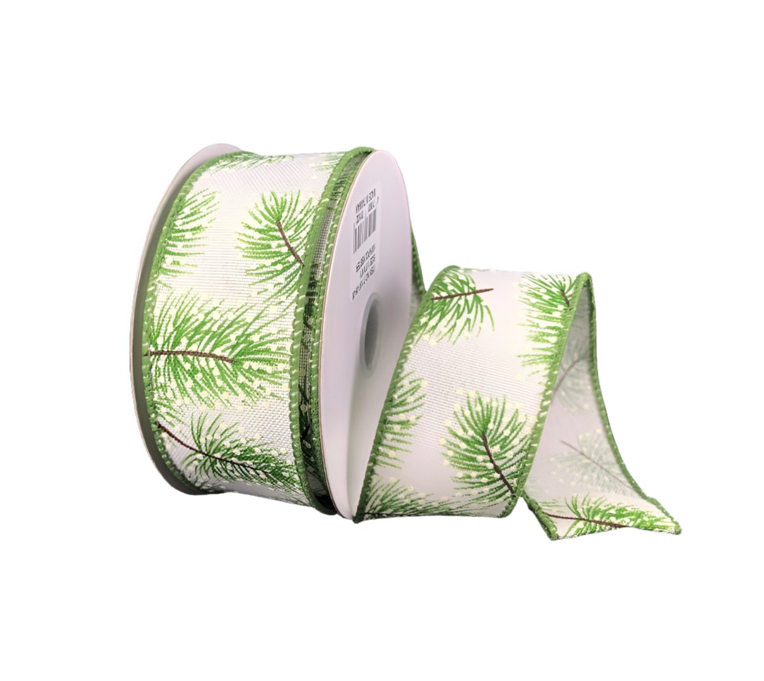 Pine snowy linen wired ribbon, 1.5
