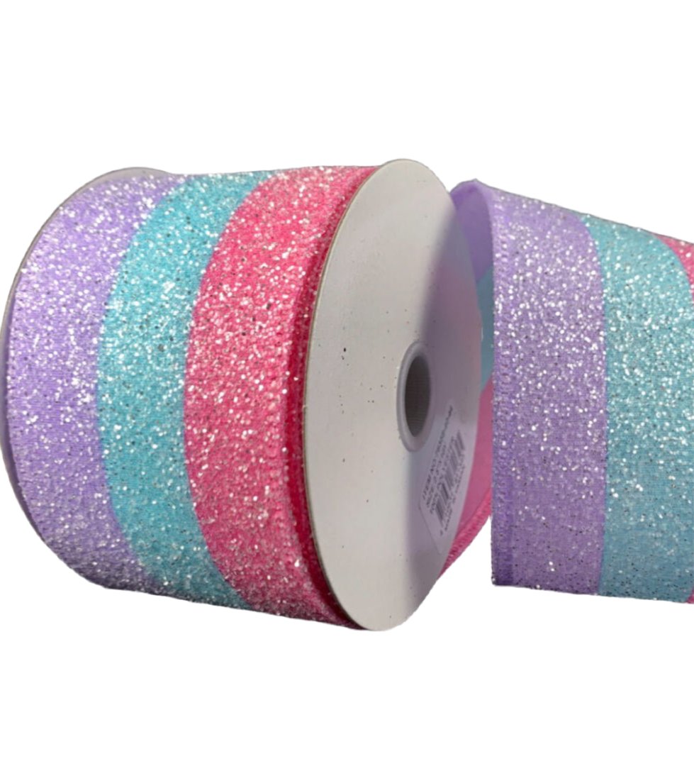 Pink lavender and blue glittered stripes wired ribbon, 2.5