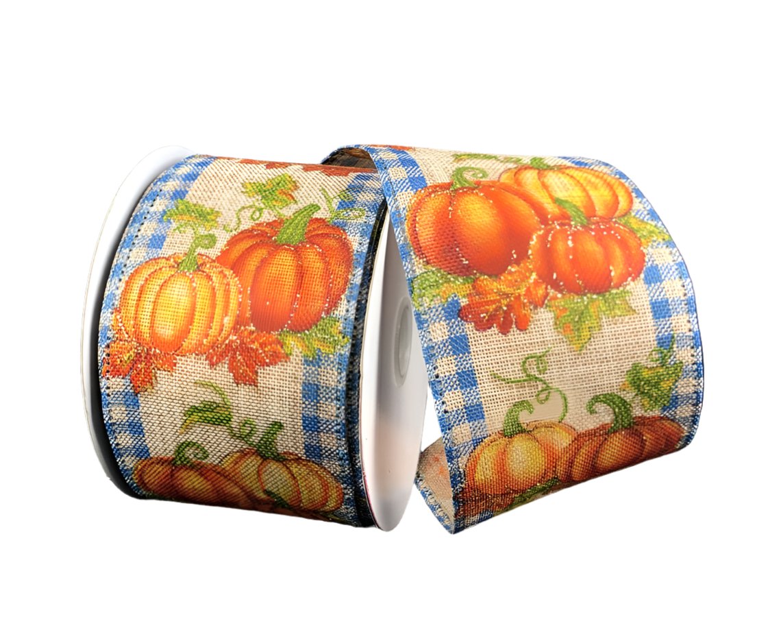 Pumpkins on natural with gingham edge 2.5” wired ribbon - Greenery Market65201-40-04