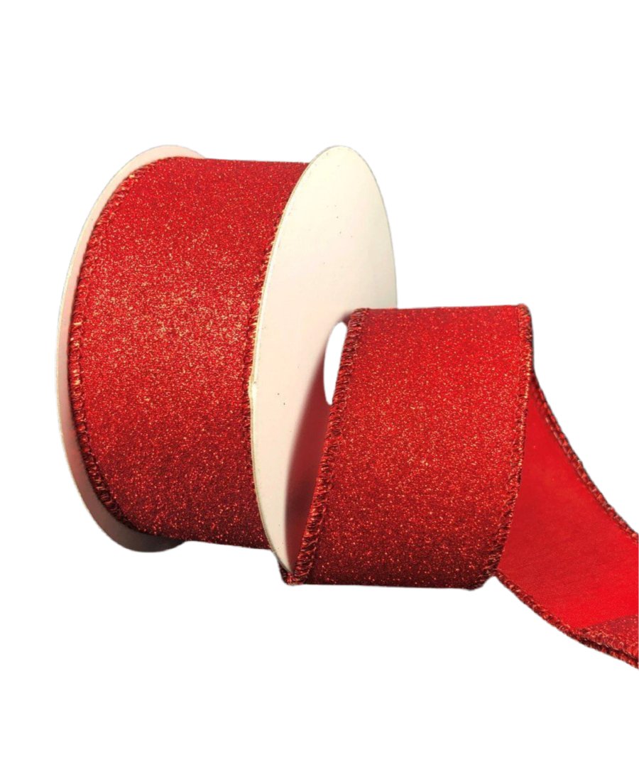 Red all flat glitter wired ribbon, 1.5