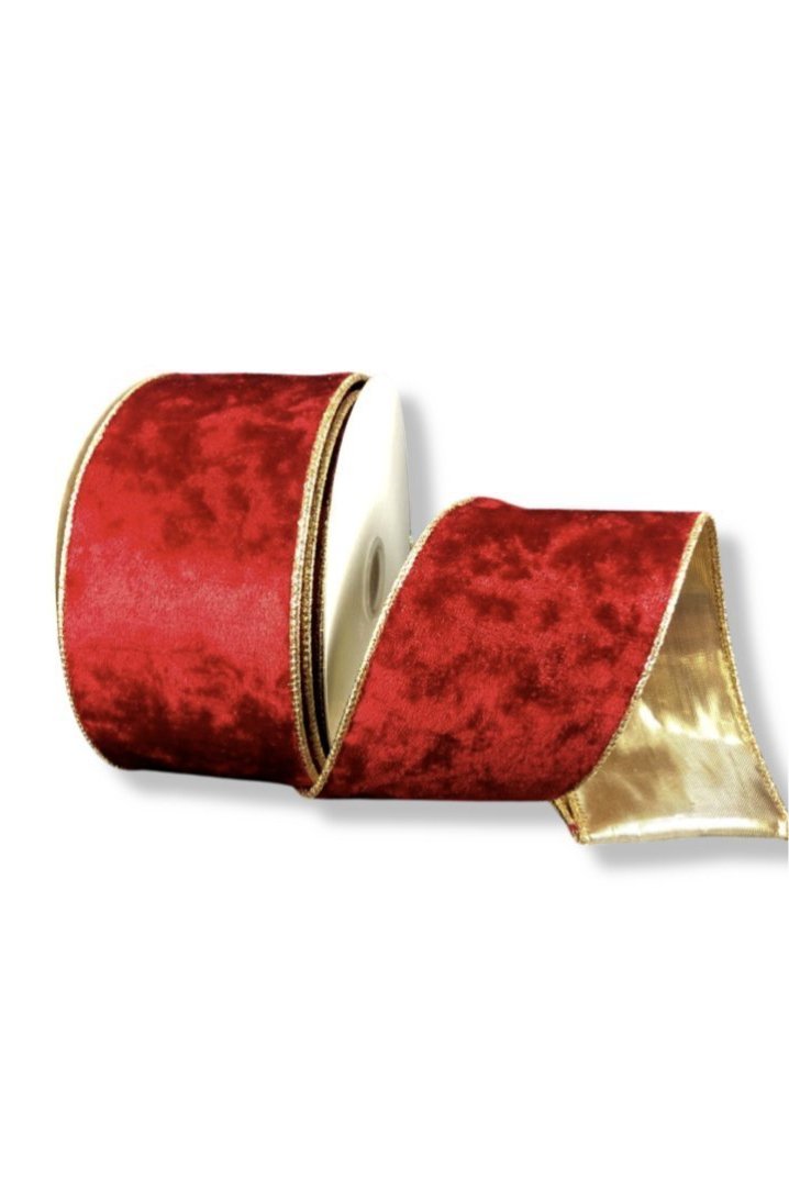 Red crushed velvet with gold wired ribbon, 2.5
