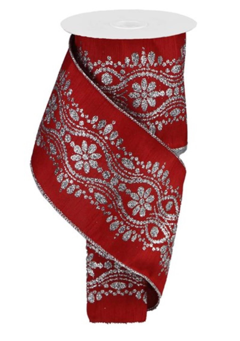 Red dupioni with silver glitter center 4” wired ribbon - Greenery MarketRGB1250E2
