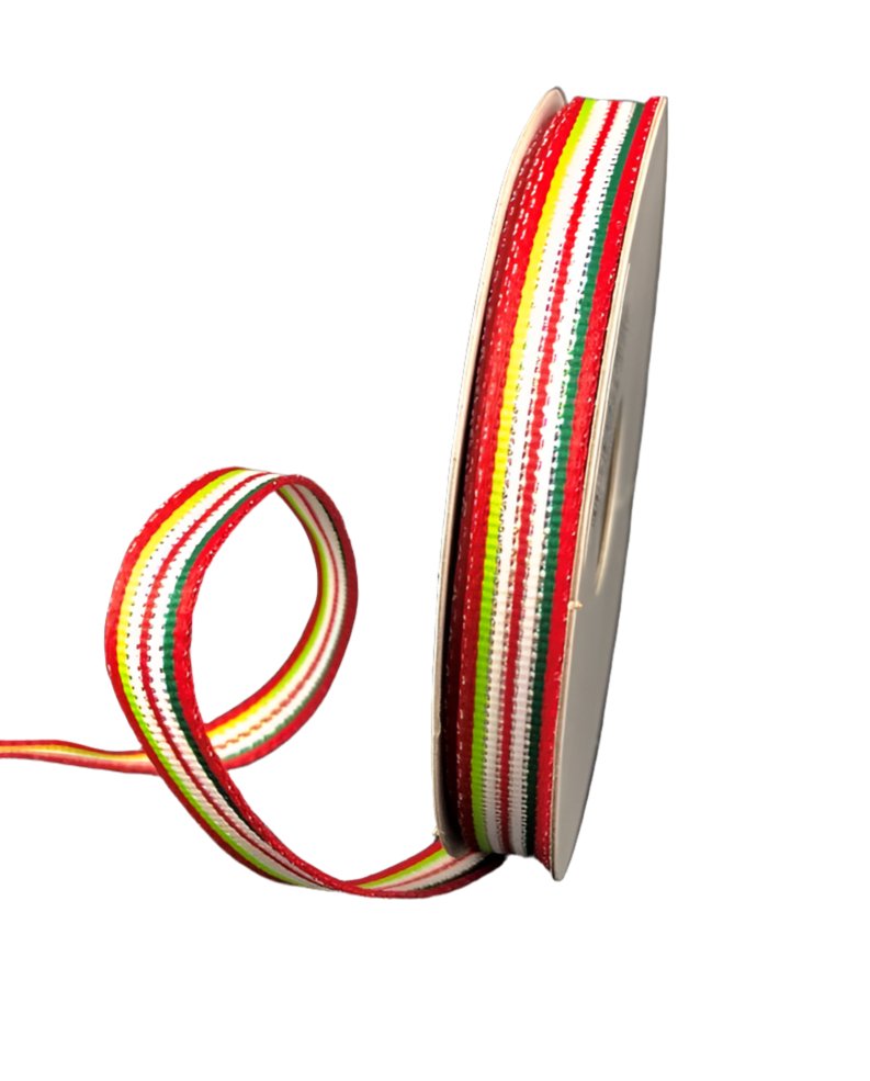 Red, green, and white stripe wired skinny ribbon, 3/8