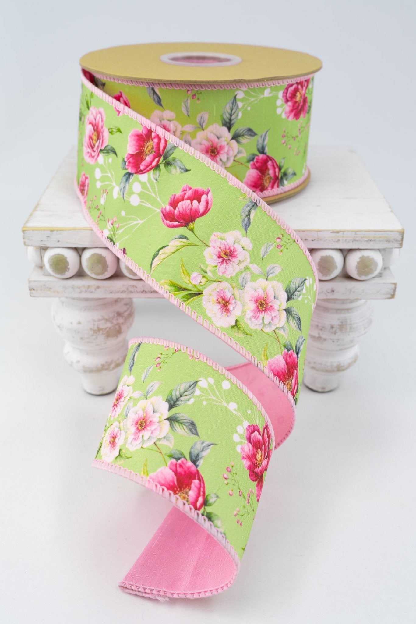 Rose Blooms On Green with Pink Backing Wired Dupioni Ribbon - 2.5