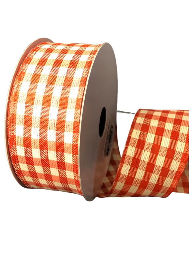 Rust and cream gingham wired ribbon, 1.5
