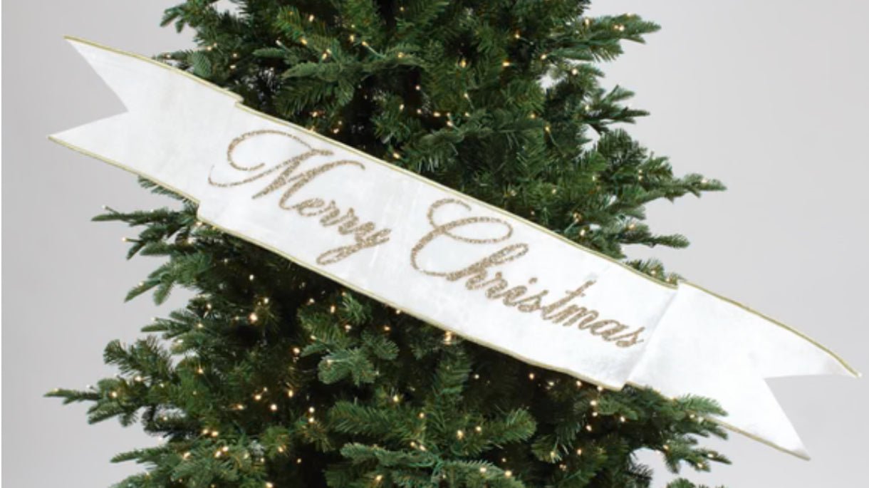 White Farrisilk velvet Merry Christmas banner 4” - Greenery Marketwired ribbonRG829-43