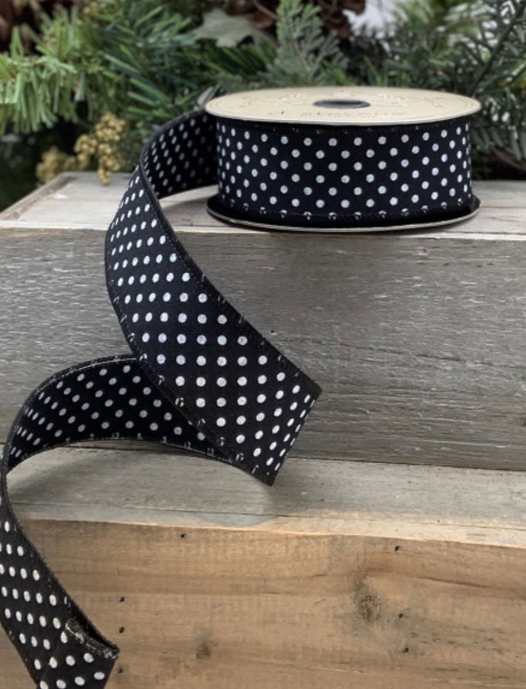 Black and white Faux linen large and small dots wired ribbon - Greenery Market