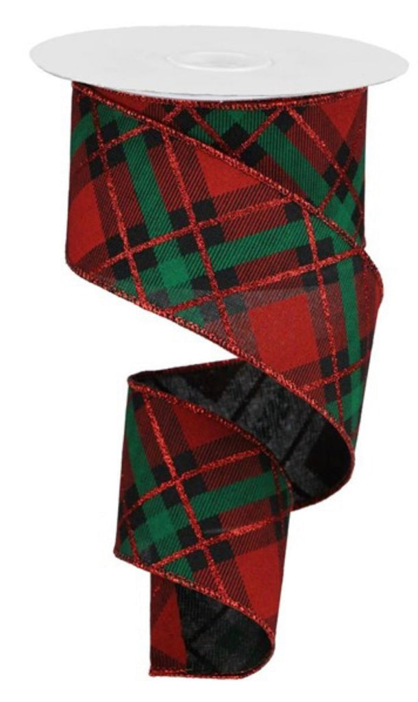 Christmas plaid 2.5” wired ribbon emerald / red Greenery Market