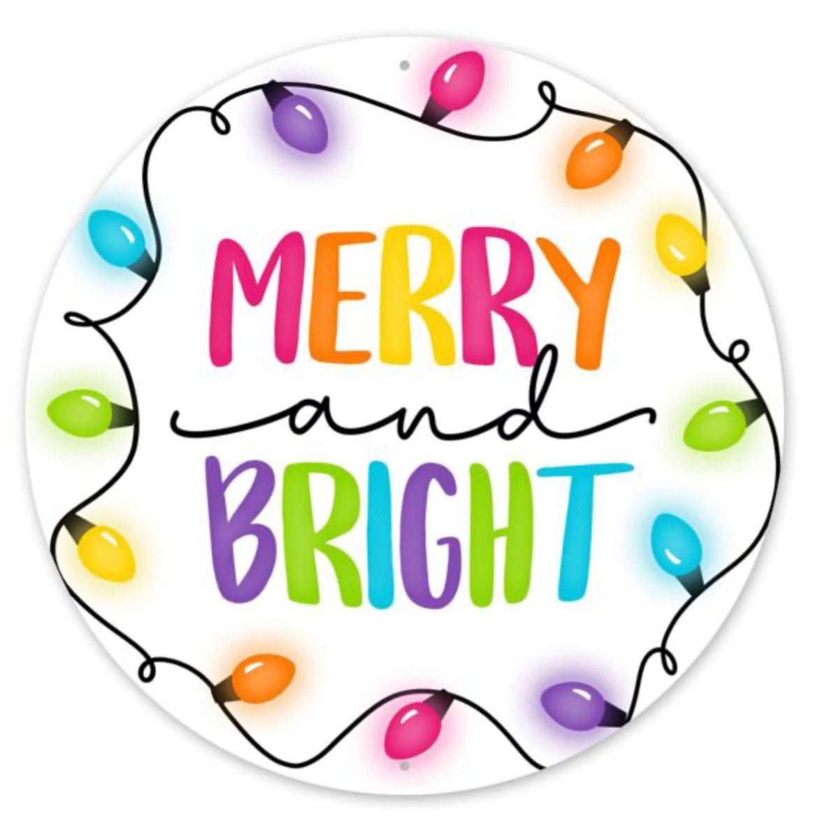 Colorful merry and bright metal 12” round sign - Greenery MarketMD0907