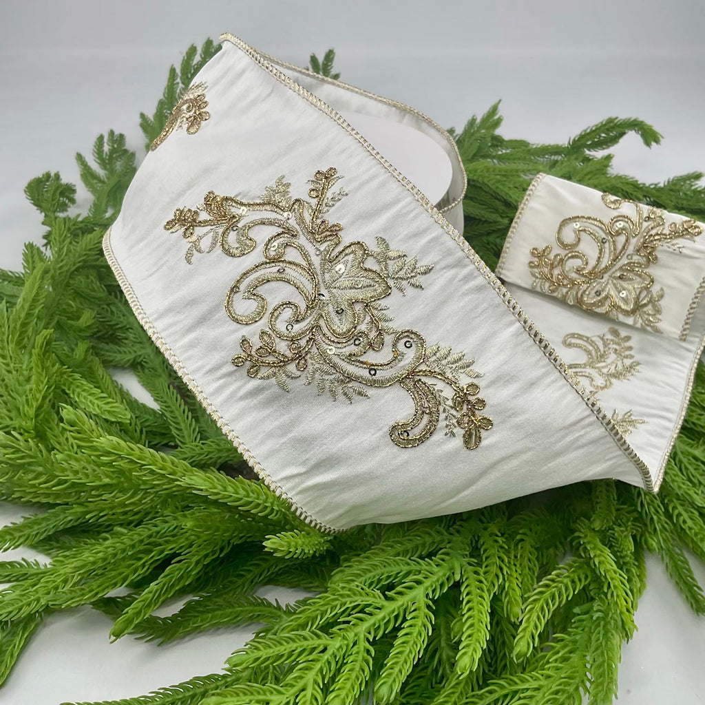 Cream and gold acanthus 4” wired ribbon