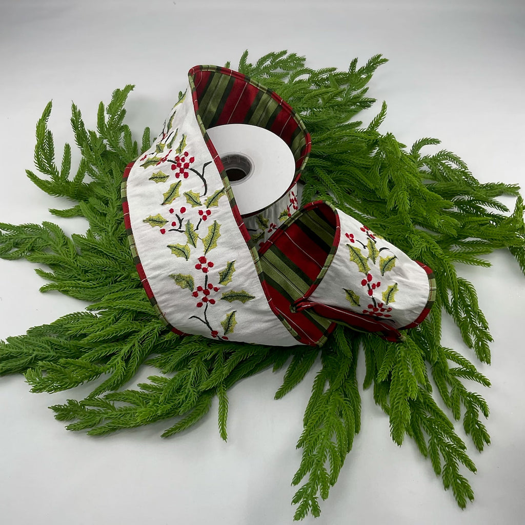 Corduroy Holly Embroidered Ribbon 10 x 457 cm - Set/2, Ribbons