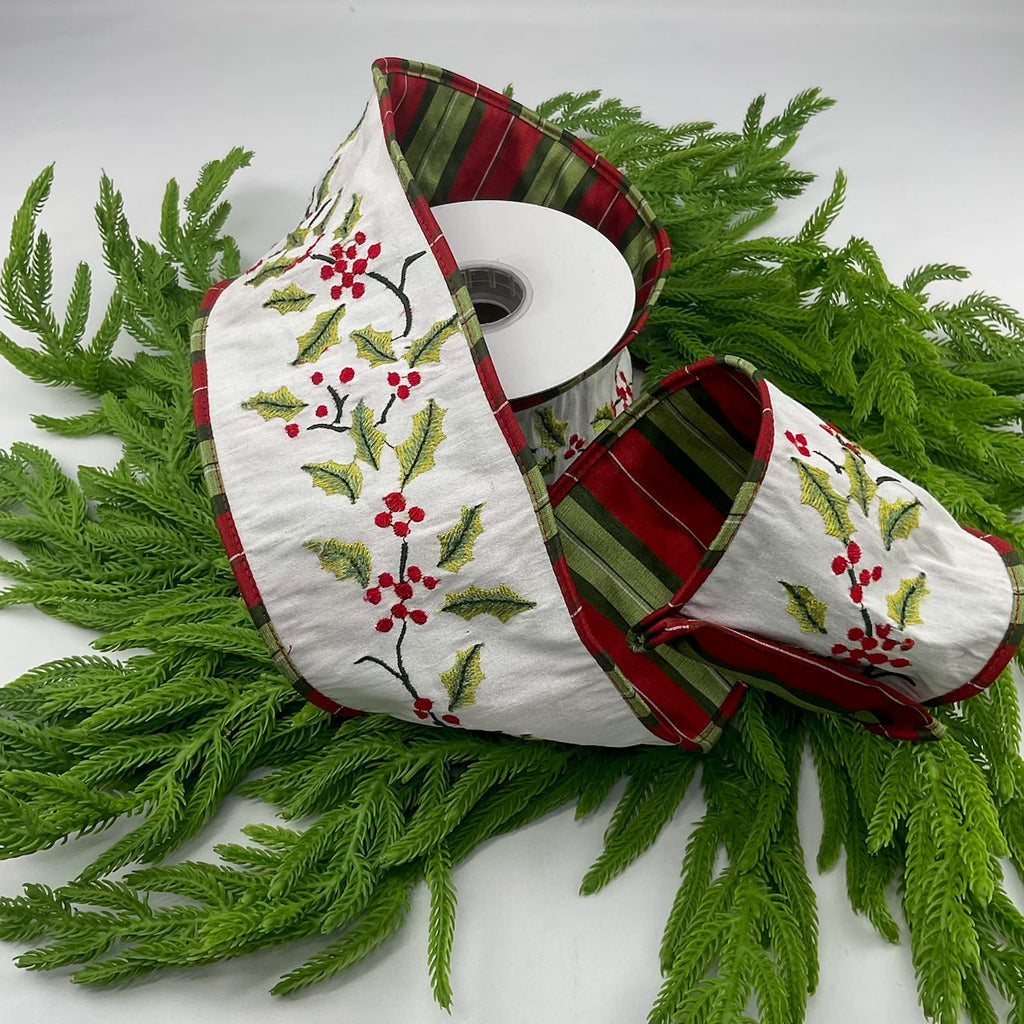 Corduroy Holly Embroidered Ribbon 10 x 457 cm - Set/2, Ribbons