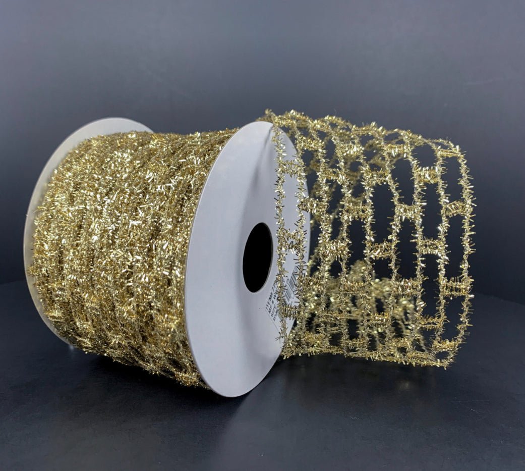 Gold tinsel expandable wired ribbon, 2.5