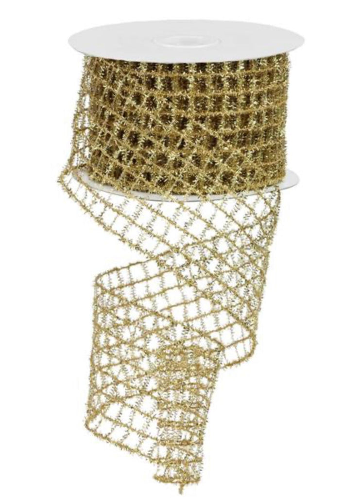 Gold tinsel mesh wired ribbon, 2.5” Greenery Market