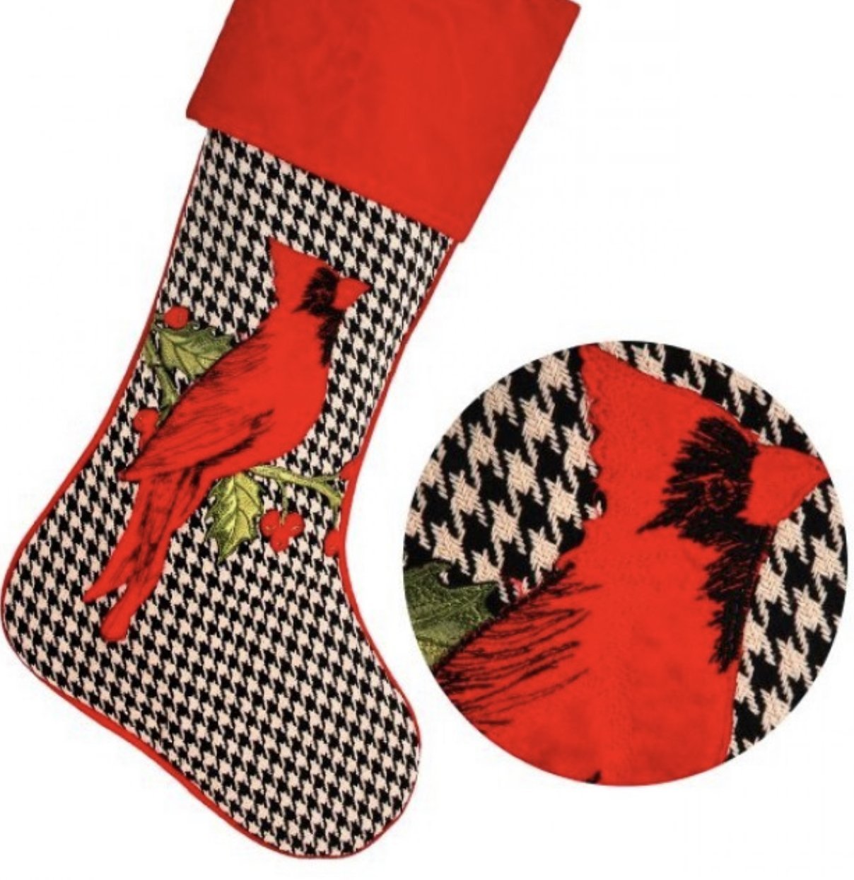 Houndstooth embroidered cardinal Christmas stocking - Greenery Market Christmas