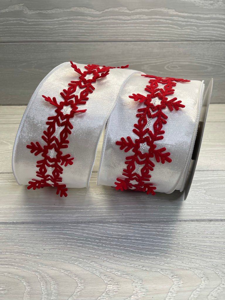 Gray and Red snowflake wired ribbon - 4” - Greenery Market