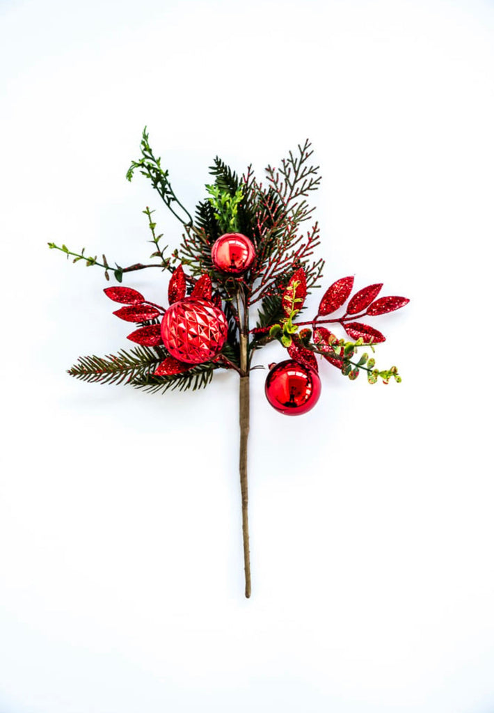 Ornament ball and greenery pick - red