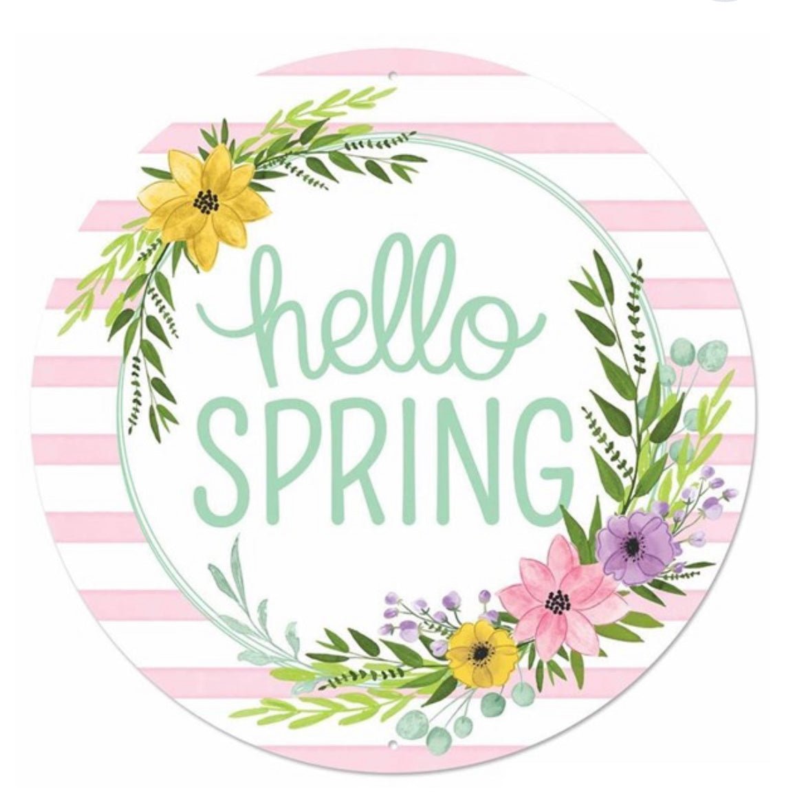 Pink and green, metal, hello spring round sign 8” - Greenery Marketsigns for wreathsMD0947