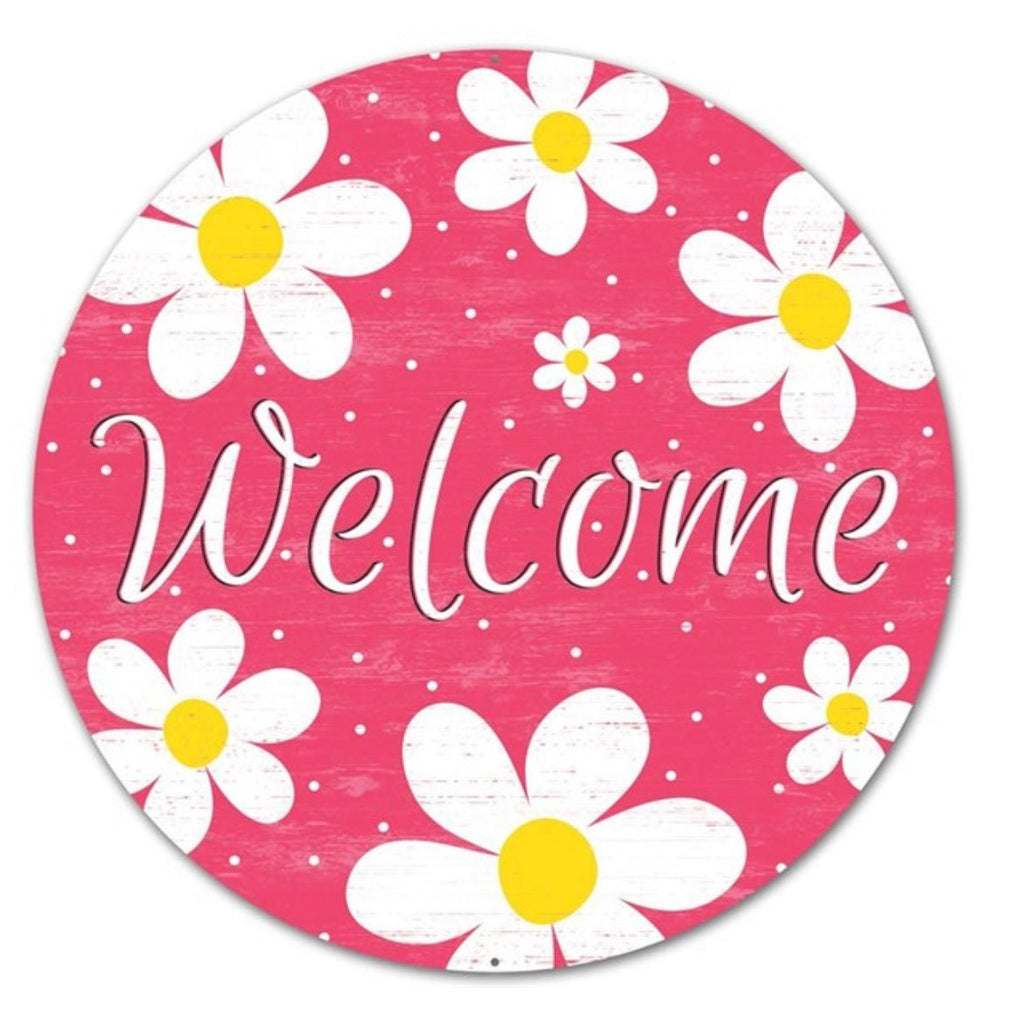 Pink and yellow, metal, daisy welcome round sign 12”