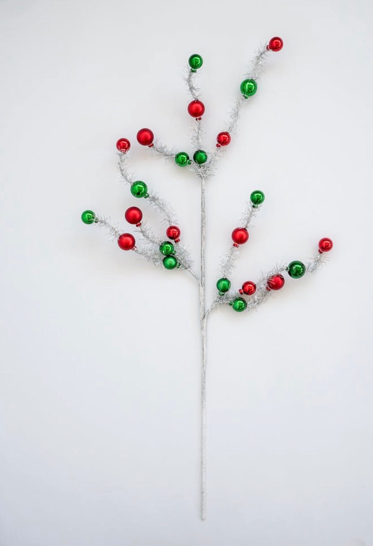 Red and green balls on silver tinsel wired stems - Greenery Market63690