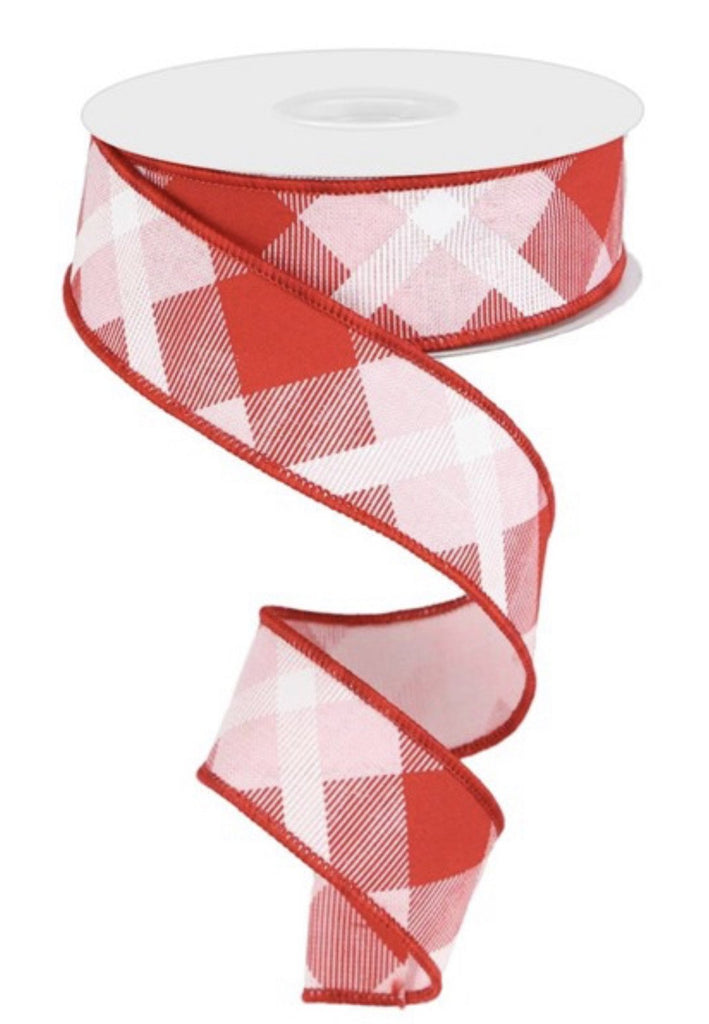 red-light-pink-and-white-diagonal-plaid-wired-ribbon-1-5-greenery