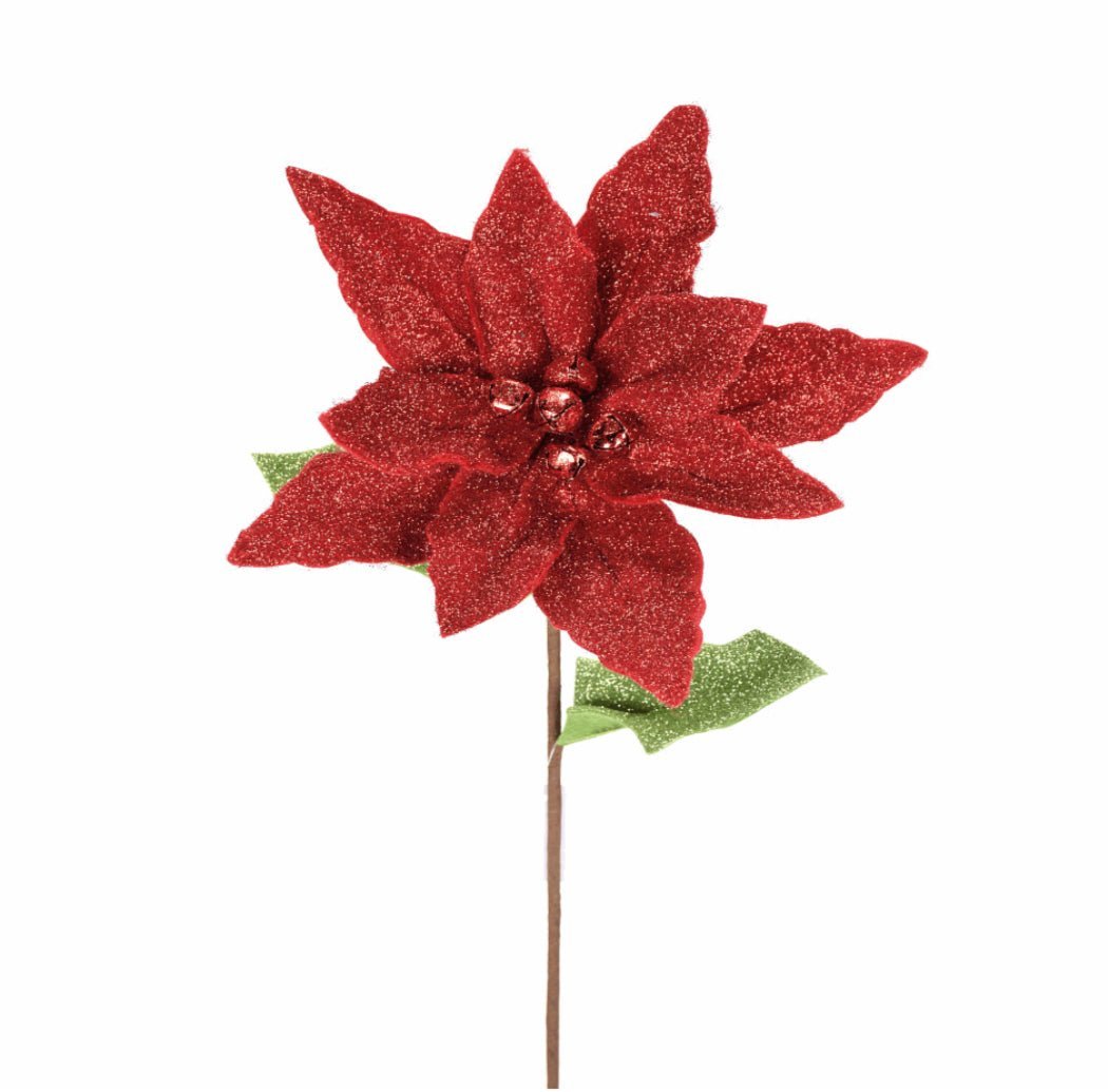 Red shimmer felt poinsettia stem with bells - Greenery MarketWinter and Christmas156340