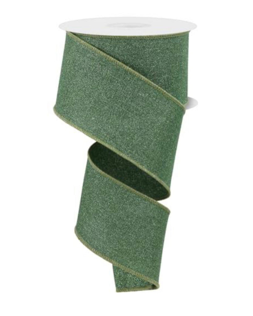 Sage green, solid fine glitter wired ribbon 2.5” - Greenery Market